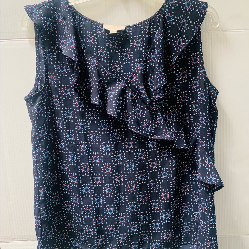 LOFT Blue Ruffled Sleeveless Blouse- V Neck- Red White and‎ Blue-Size XS